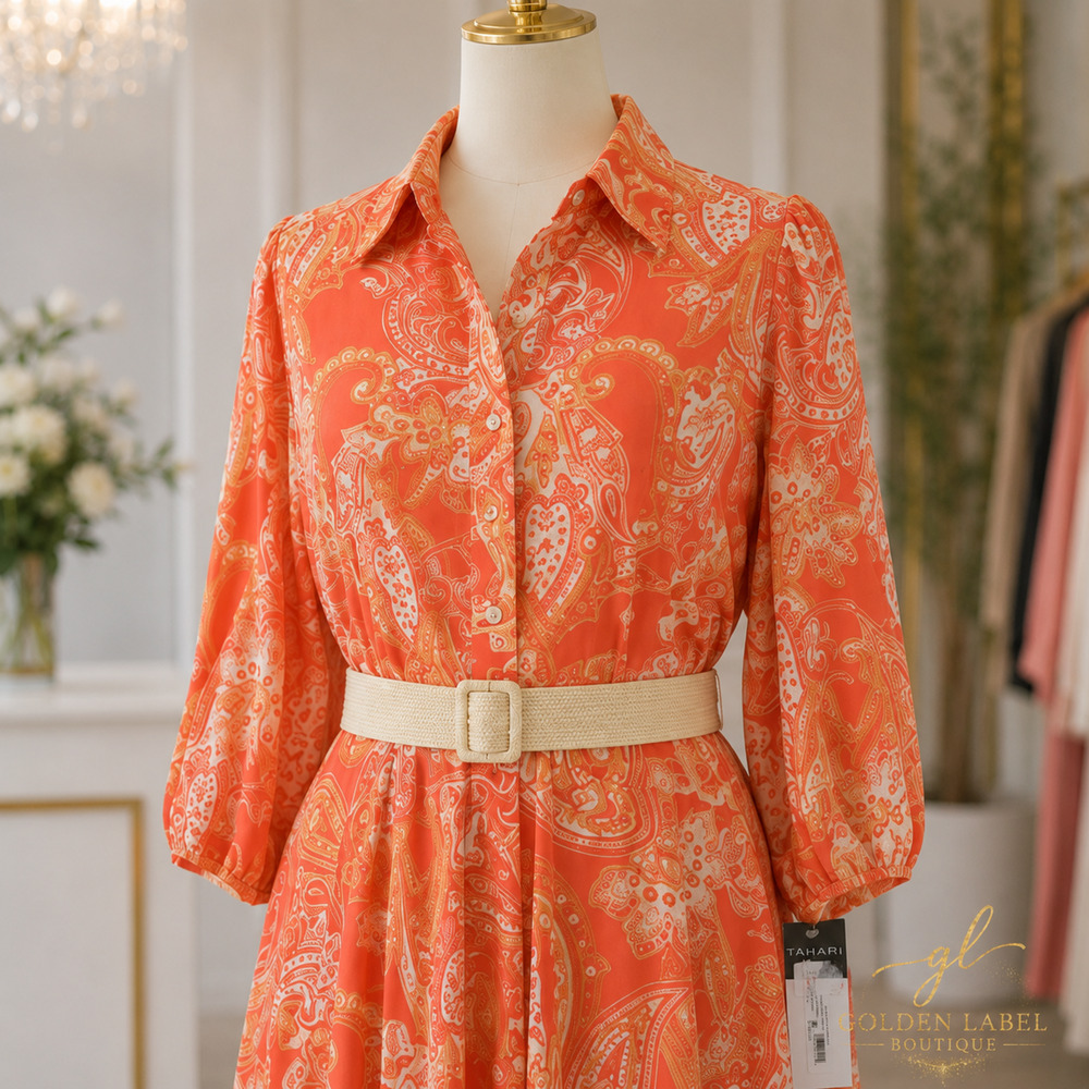 Tahari ASL Paisley Belted Fit & Flare Midi Dress Size 12 Coral Orange NWT - Picture 6 of 7